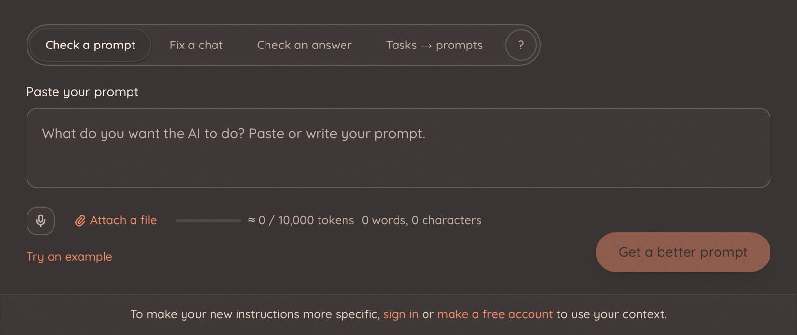 The Provely box with its four tools: Check a prompt, Fix a chat, Check an answer, Tasks to prompts